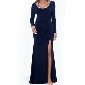 Xscape Crystal Trim Long Sleeve Gown